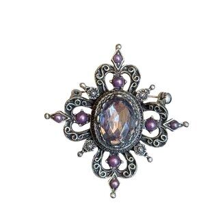 Vintage Connected Accessories Silver-Tone Brooch With Purple Accents & Faceted C